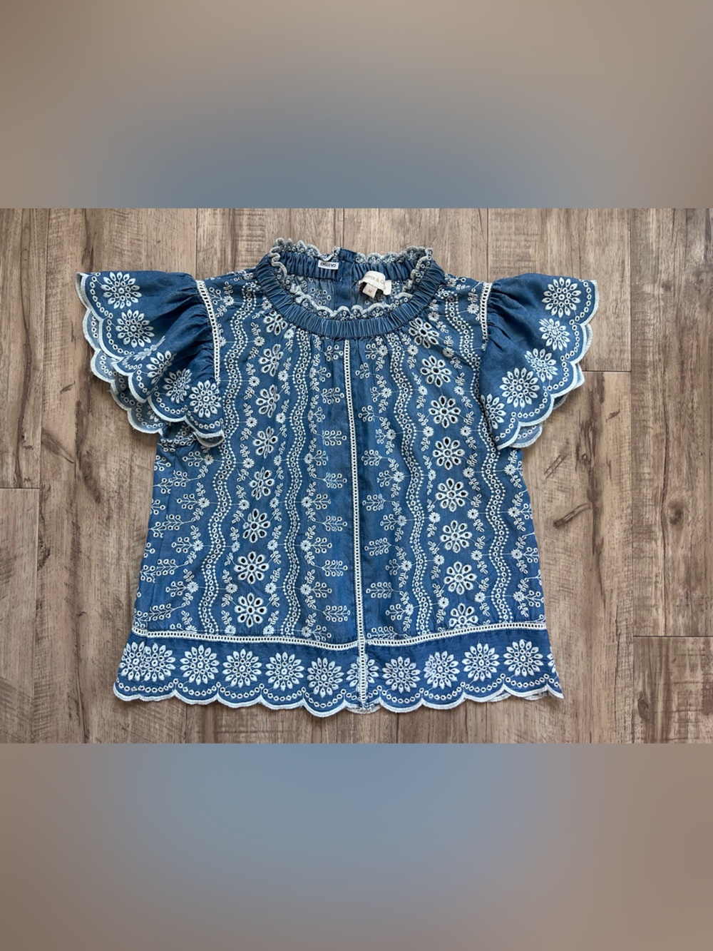 Blue chambray Embroidered Flutter Sleeve Top summer western boho